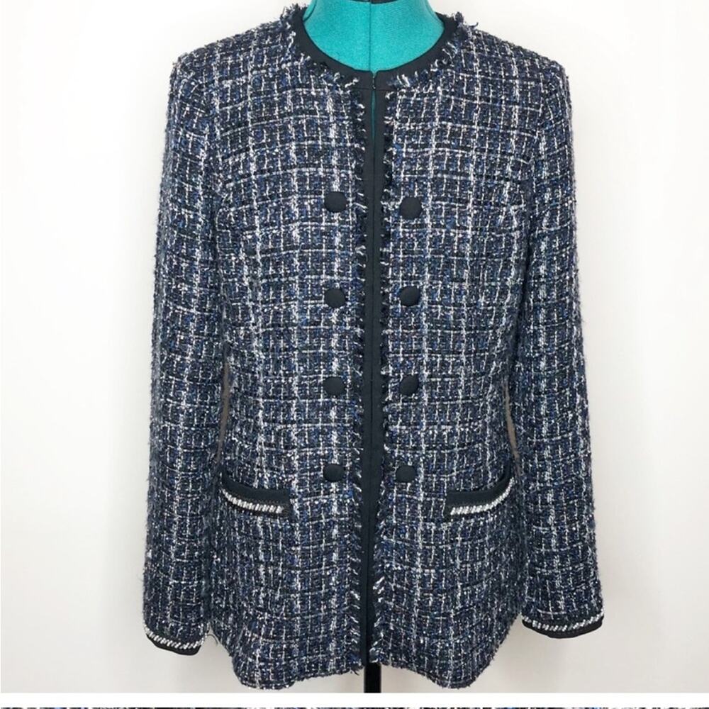 White black blue black and white plaid blazer